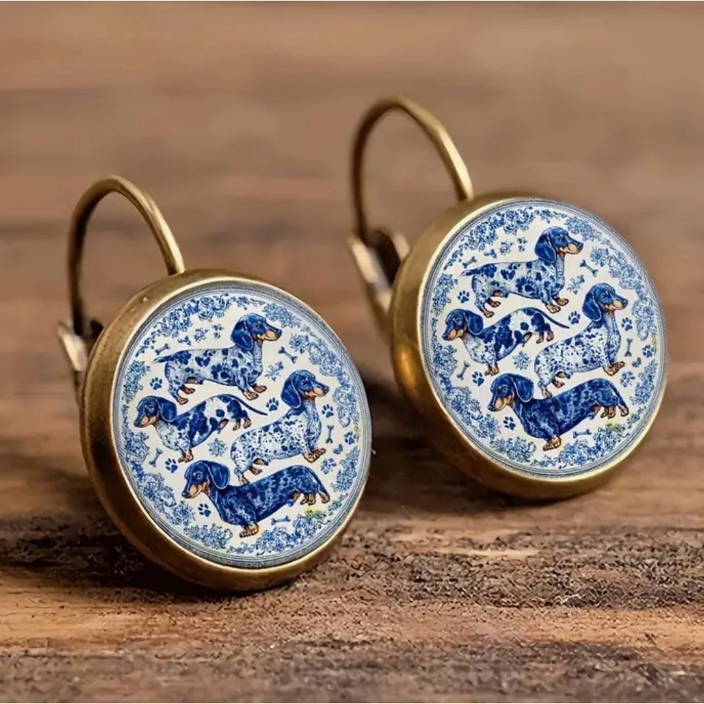 New Blue and Bronze Dachshund Earrings - Picture 2 of 3